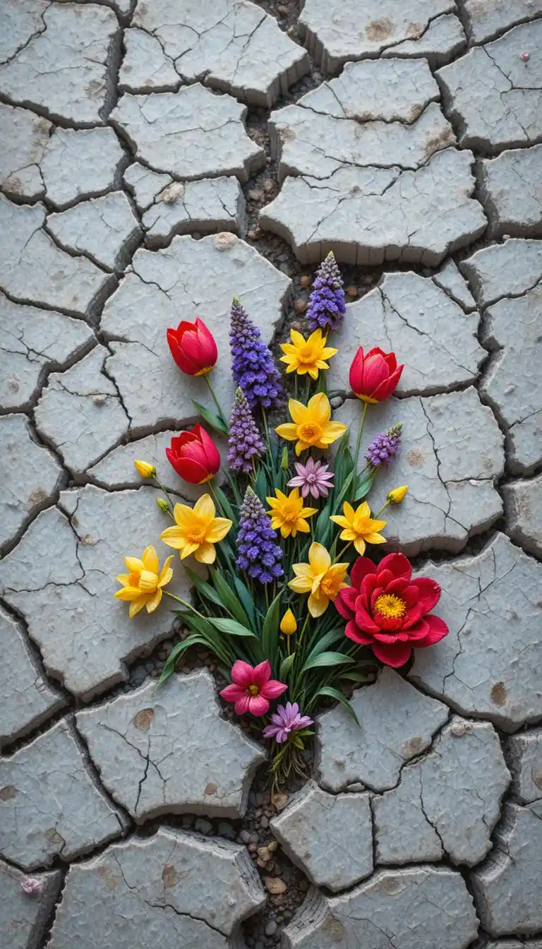Strada screpolata ricamata con colorati fiori primaverili