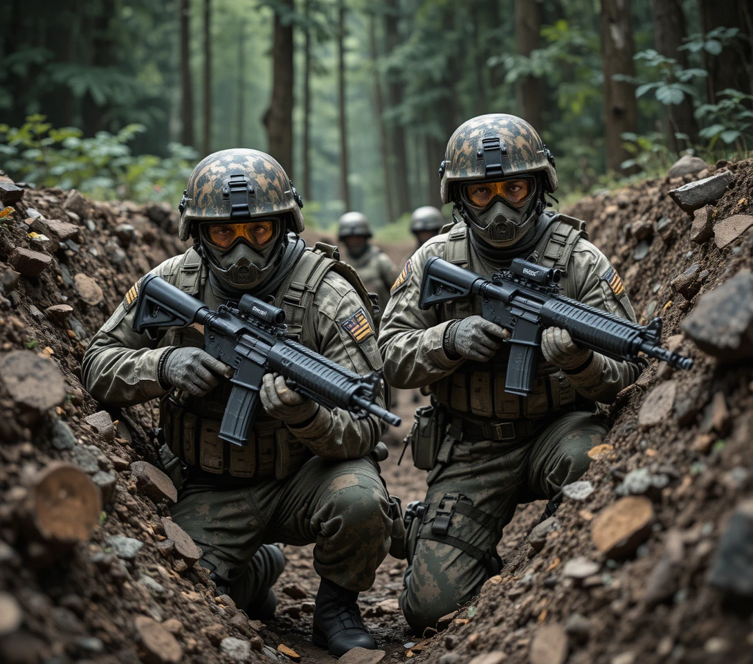 武裝士兵蹲伏在森林中的木製戰壕裡
