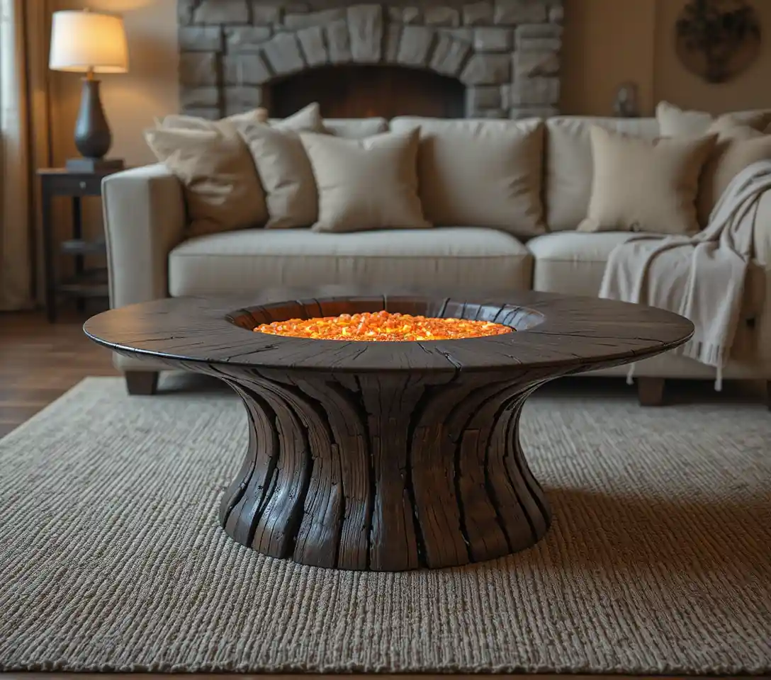 Modern living room with glowing lava glass coffee table