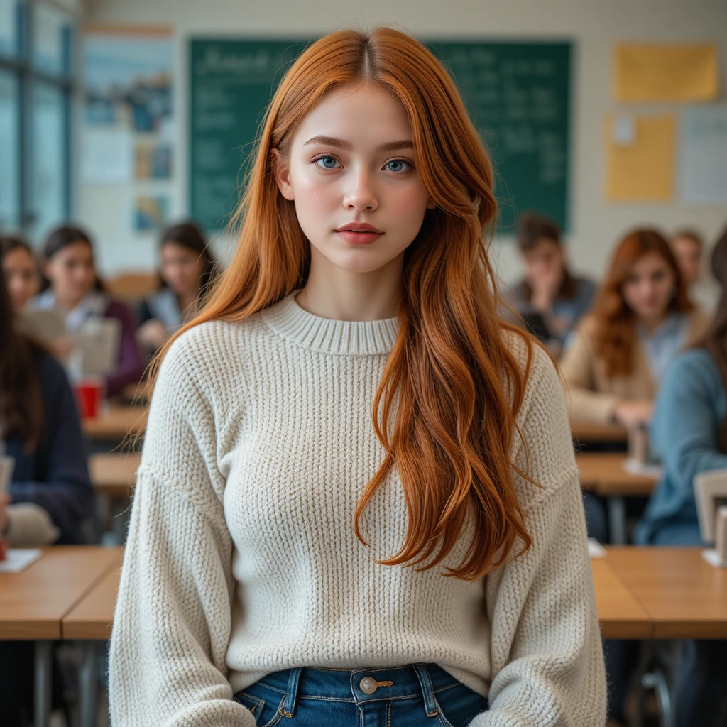 Red haired girl with heterochromia in a classroom