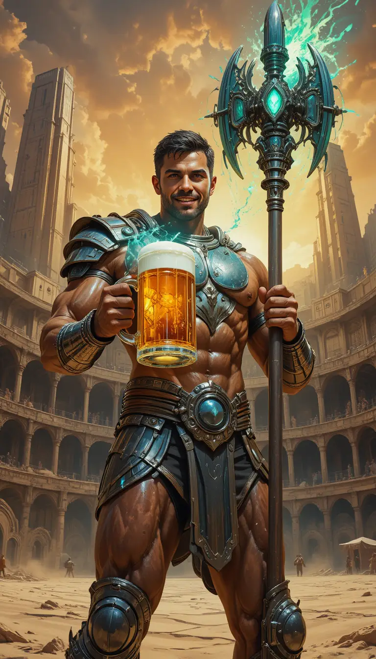 Triumphant Gladiator Raising Magic Beer In Futuristic Arena