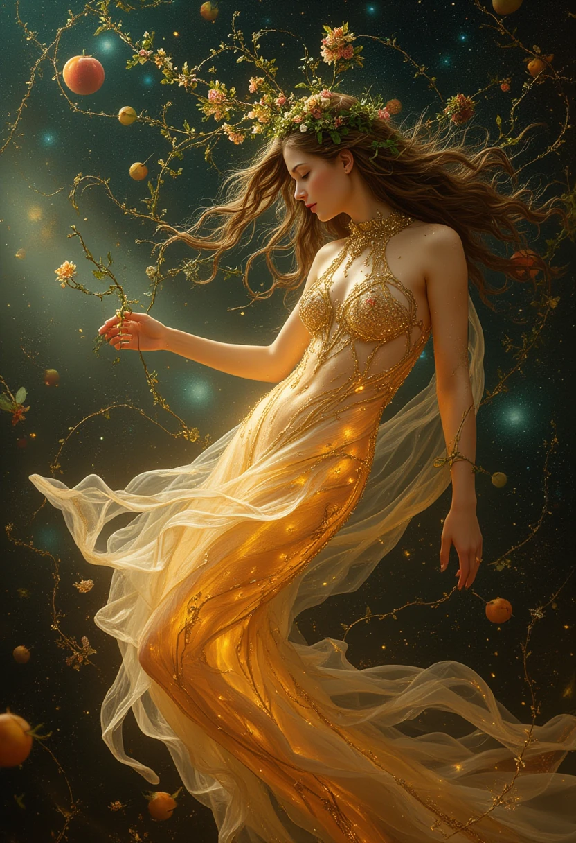 Ethereal diamond woman gliding through glowing cosmic space