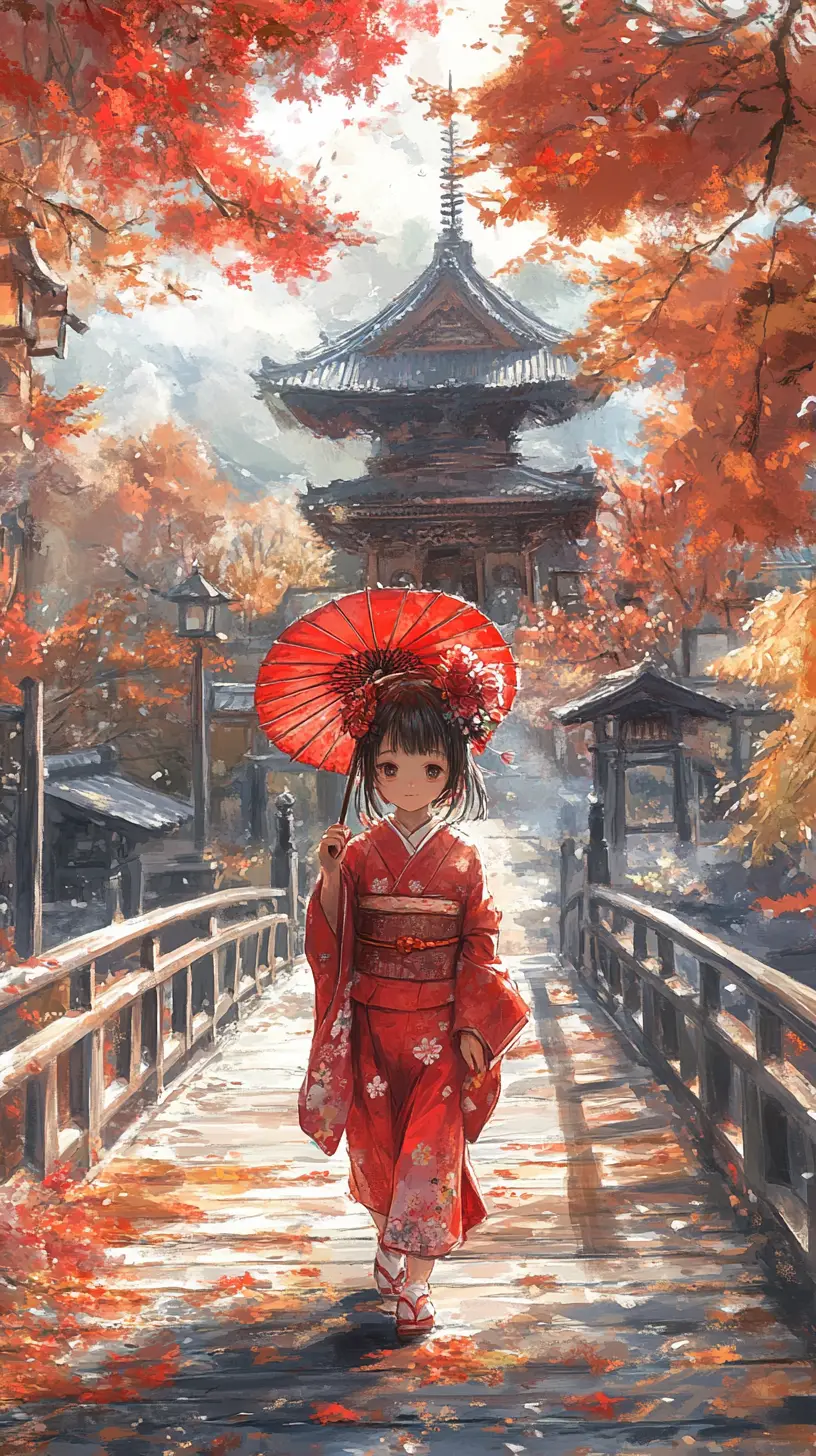 Young girl in red kimono on autumn temple bridge
