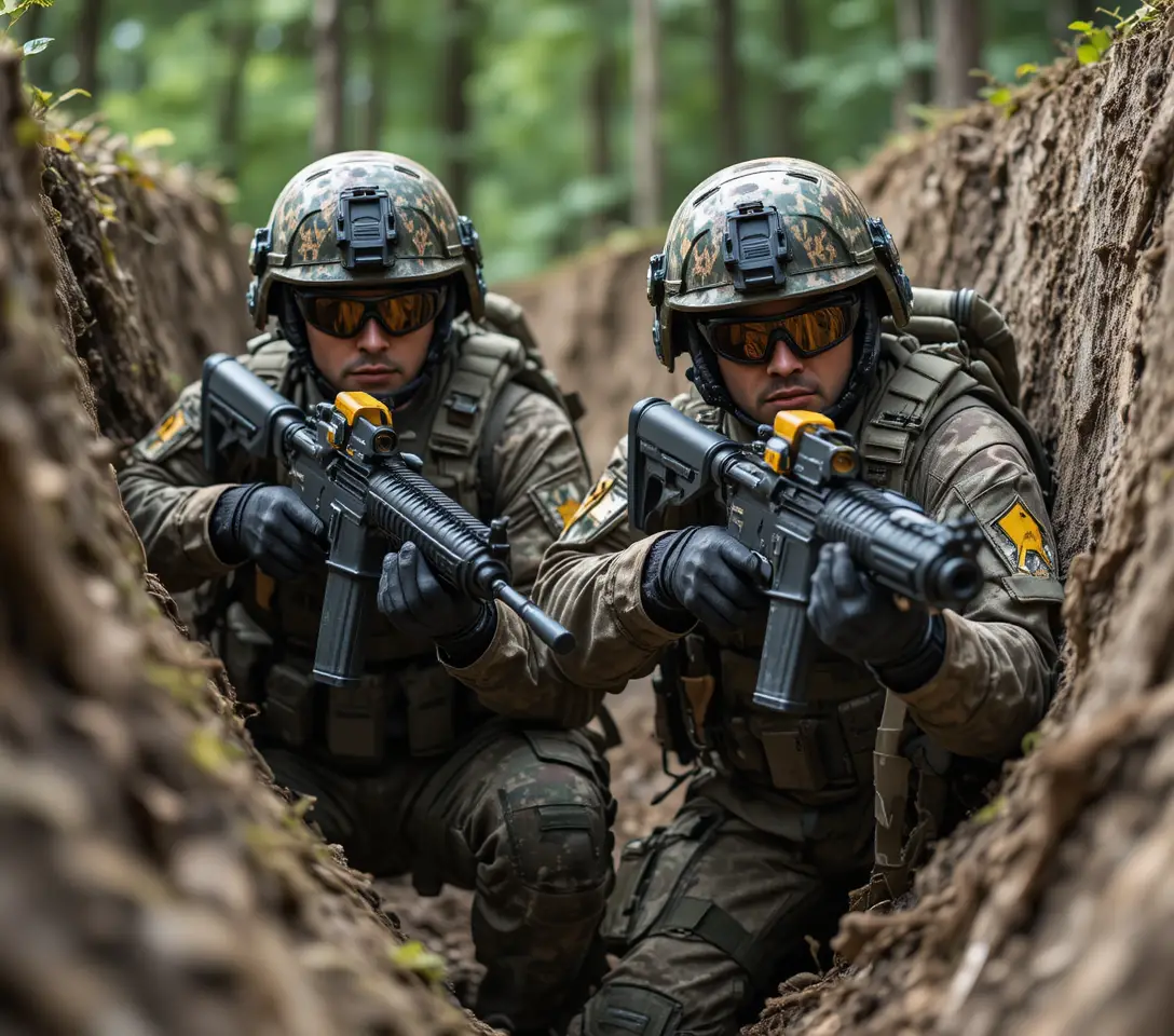 Soldats armés accroupis dans une tranchée en bois en pleine forêt