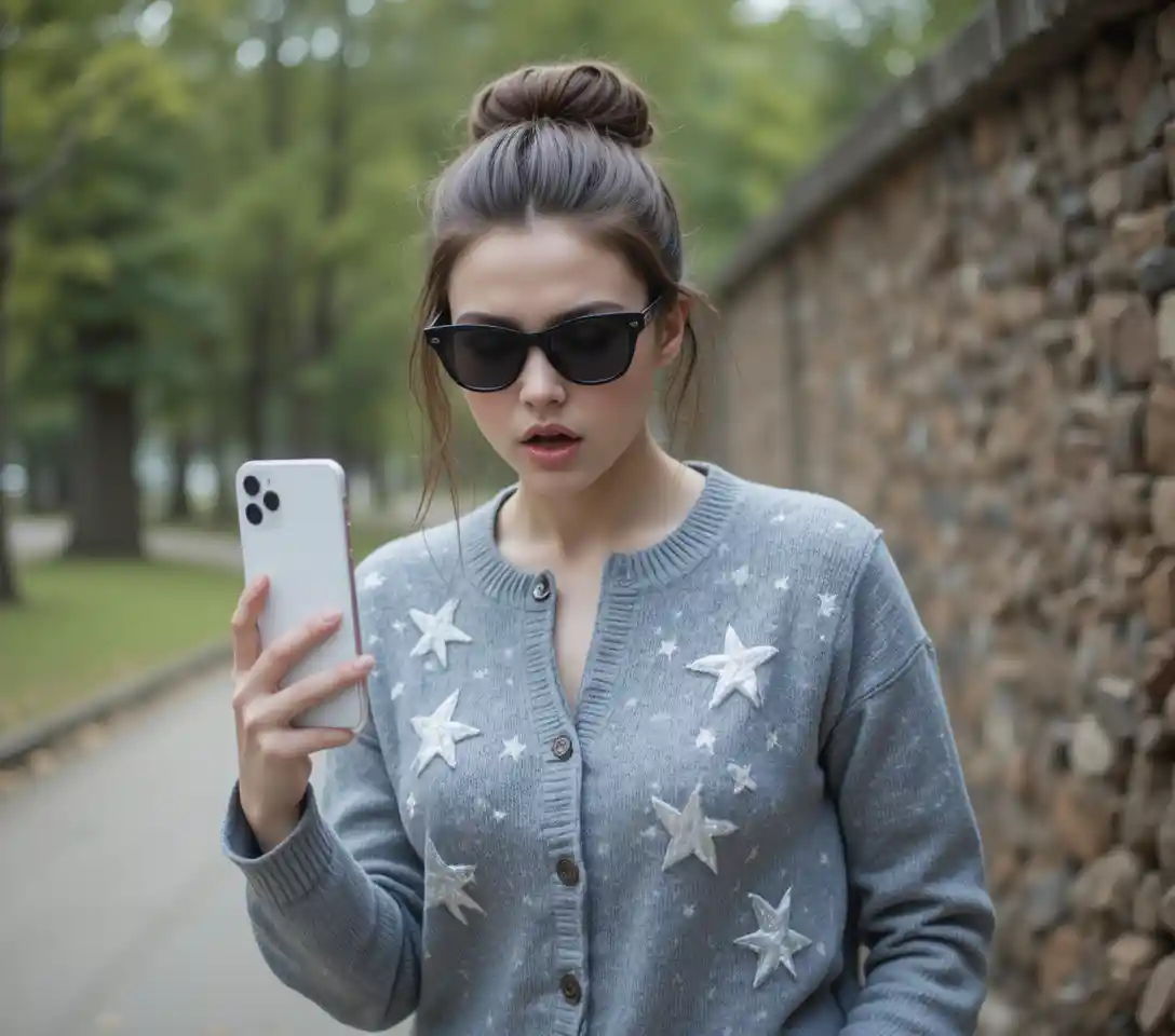 Terrified woman filming with phone in urban outdoor scene