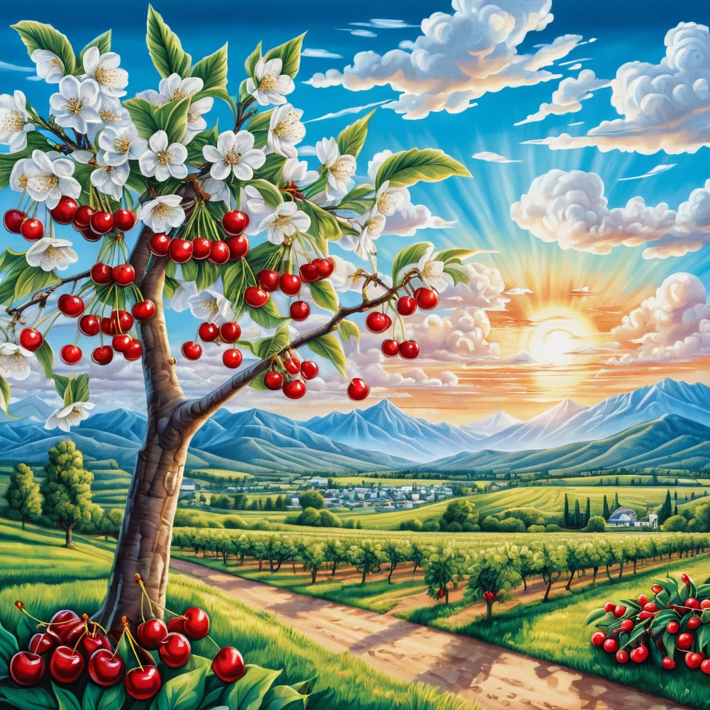 Kirschgarten bei Sonnenaufgang im weichen Buntstiftstil