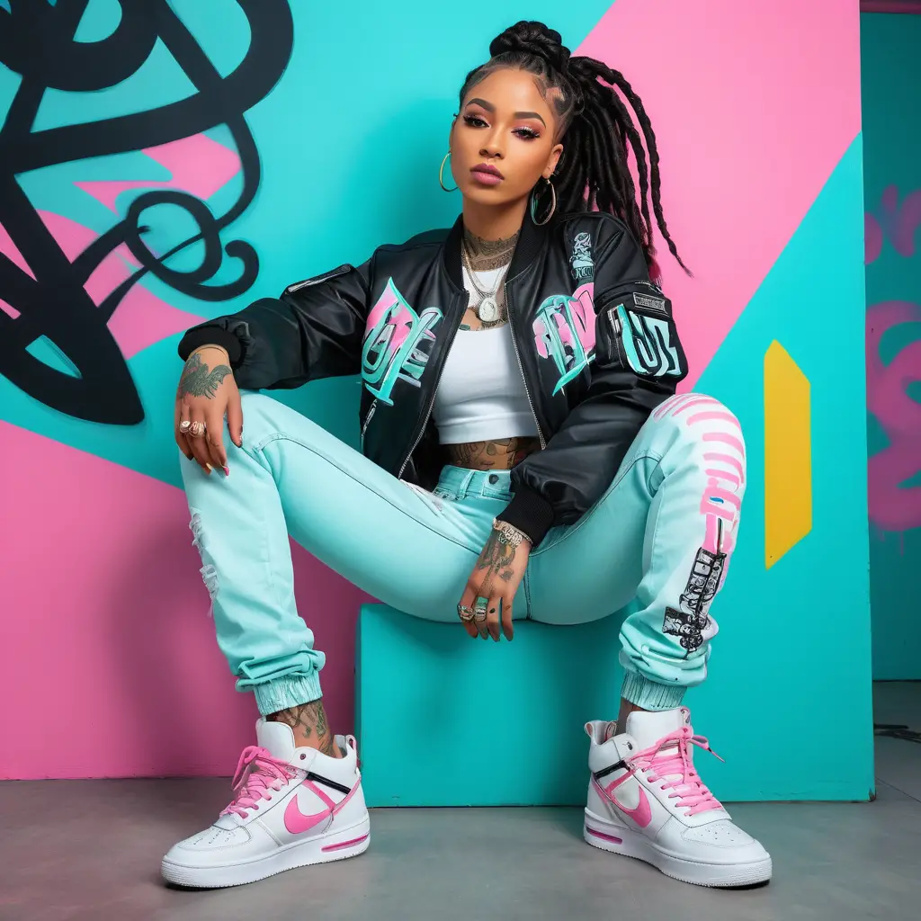 Stylish tattooed woman in graffiti bomber jacket indoors