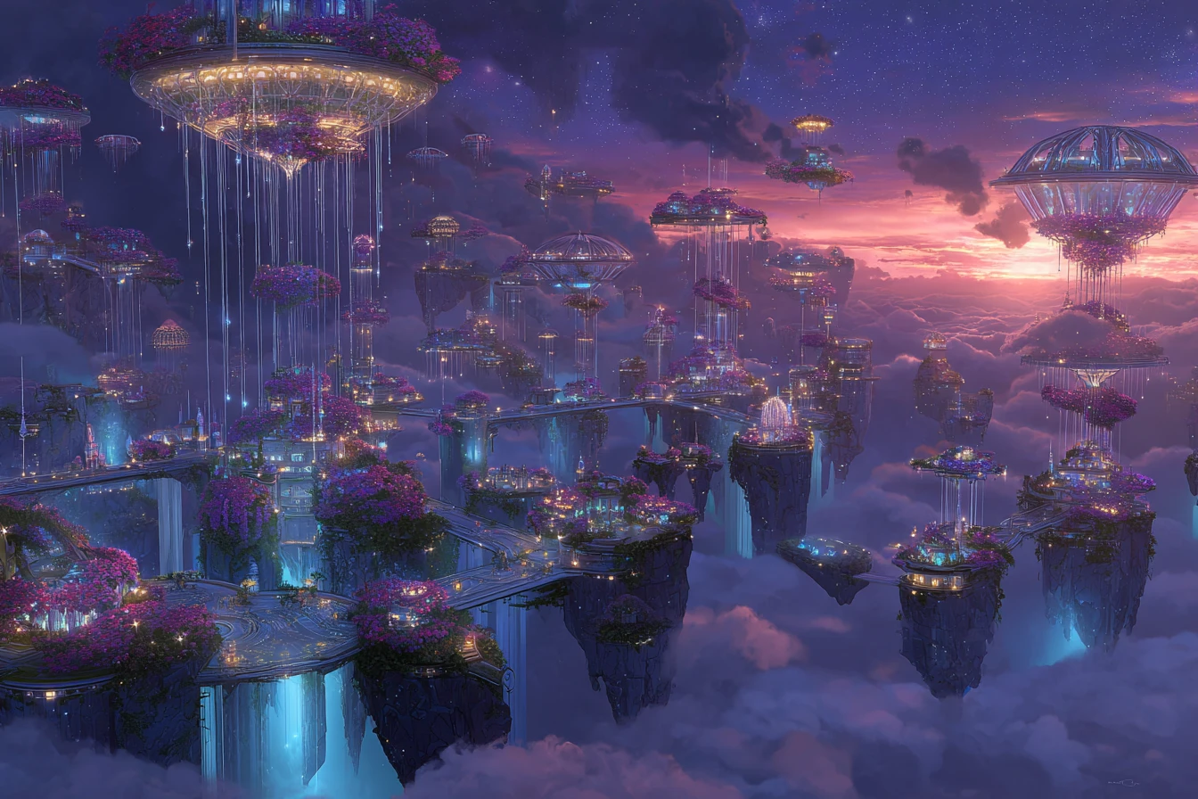 Città eterea fluttuante di isole del cielo al crepuscolo
