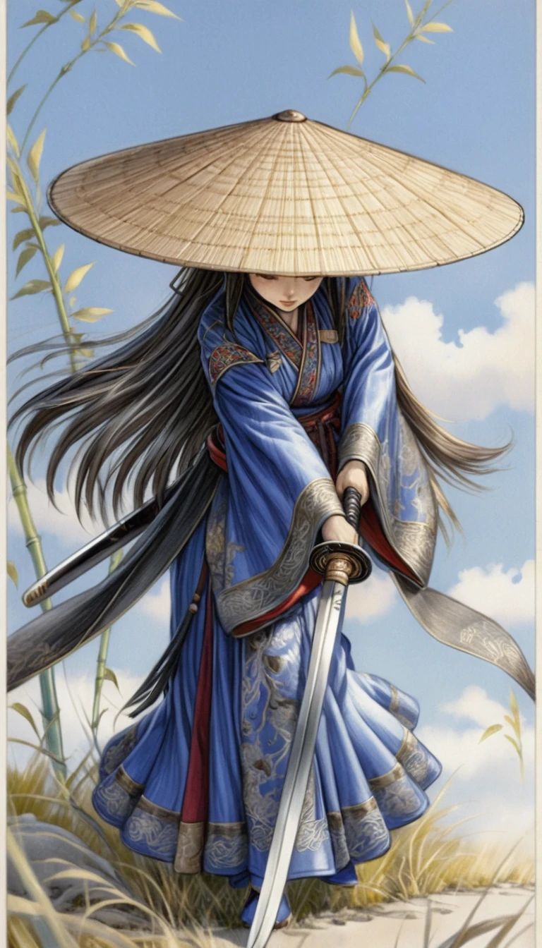 風中竹林裡拔刀的動漫女武士