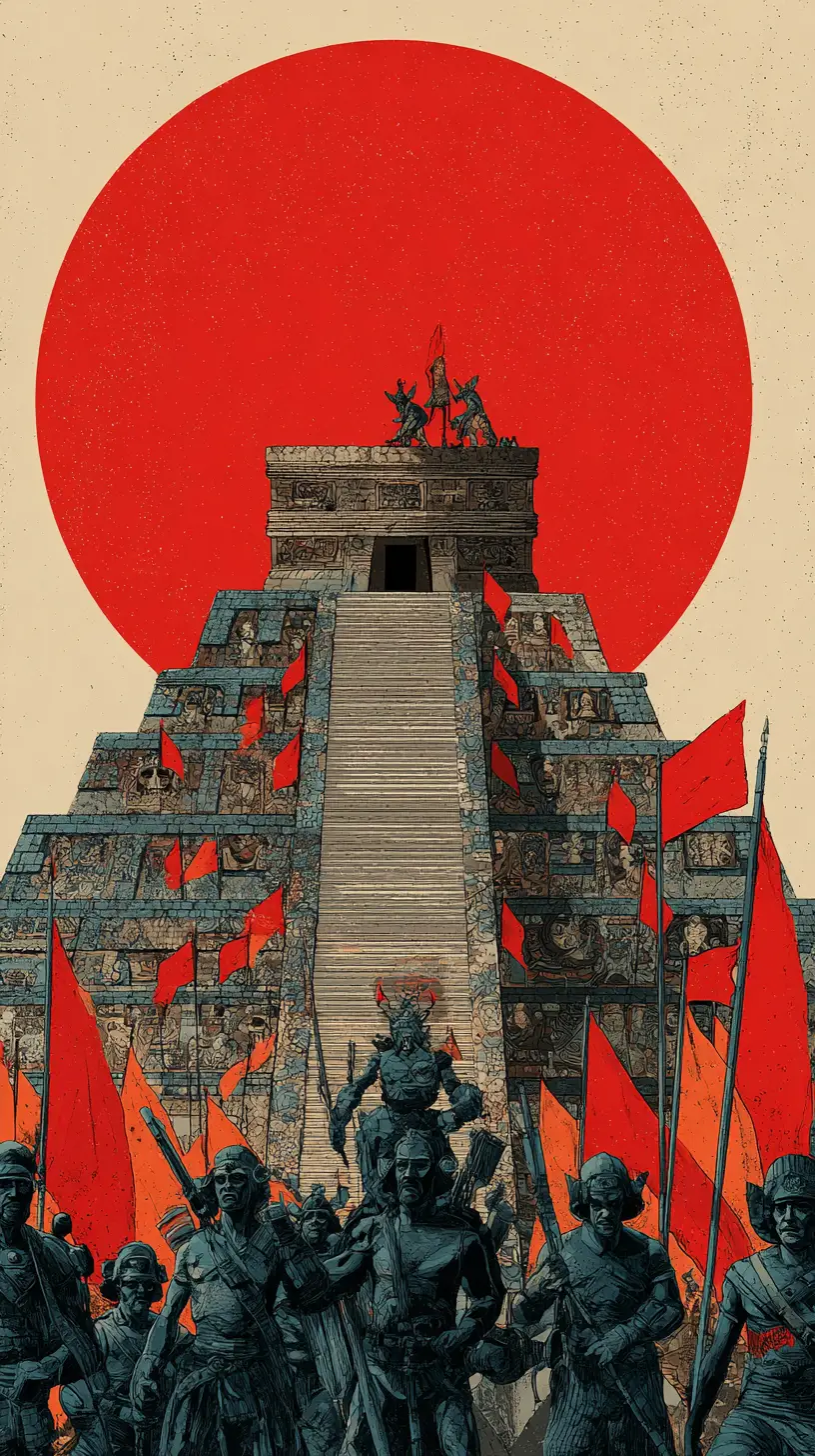 Ancient Mesoamerican warriors gathered before a towering temple