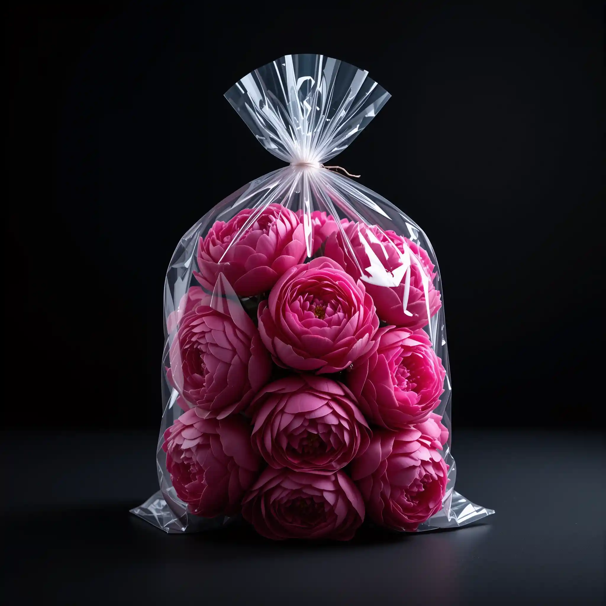Pink peonies vacuum sealed in a clear plastic square bag