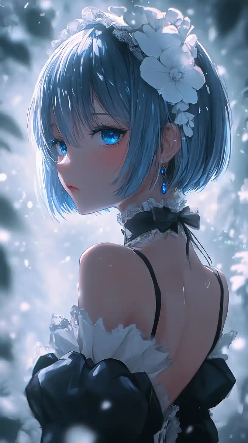 Blue haired anime maid girl in ethereal fantasy scene