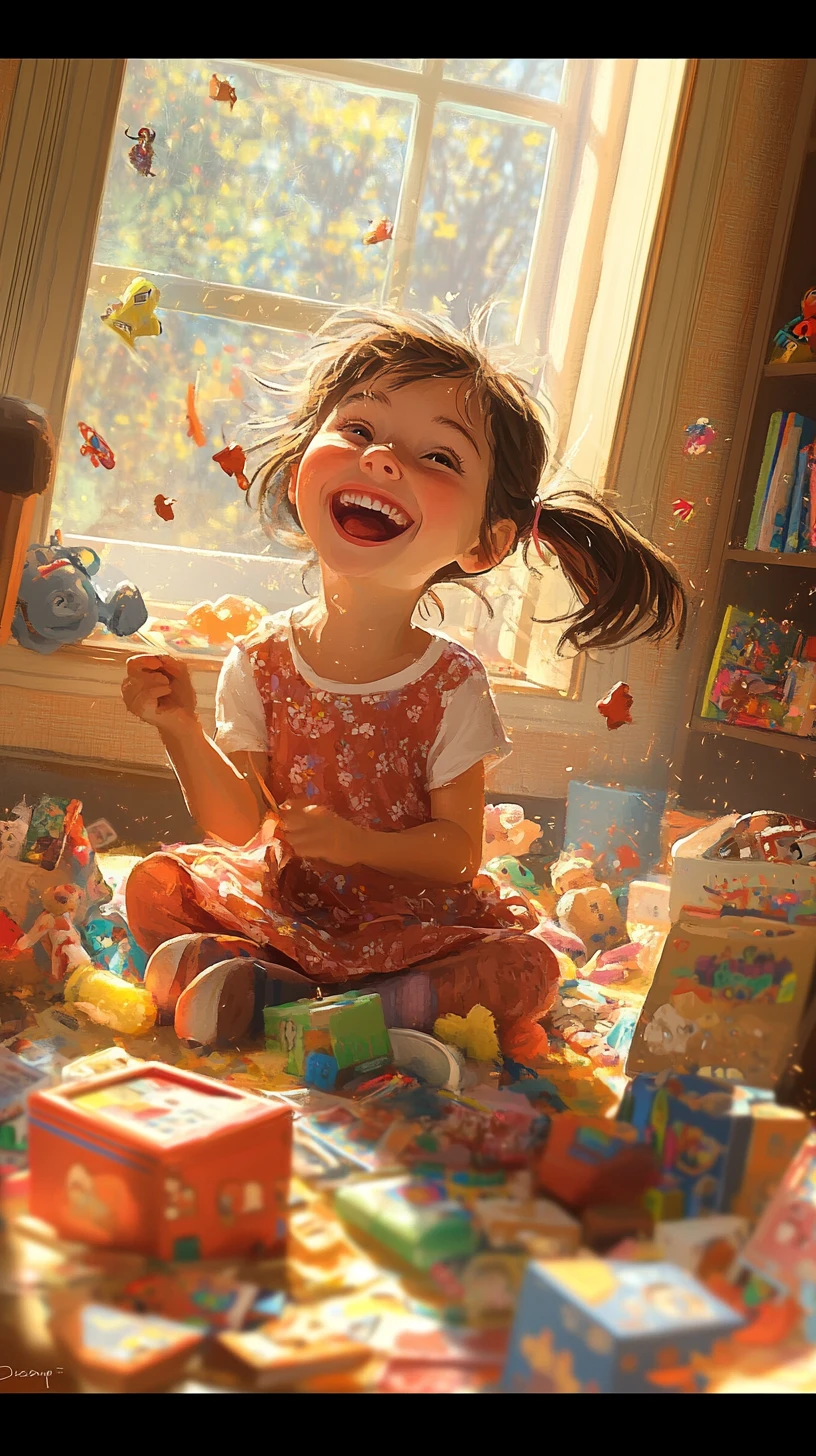 Playful young girl smiling in a sunlit messy playroom