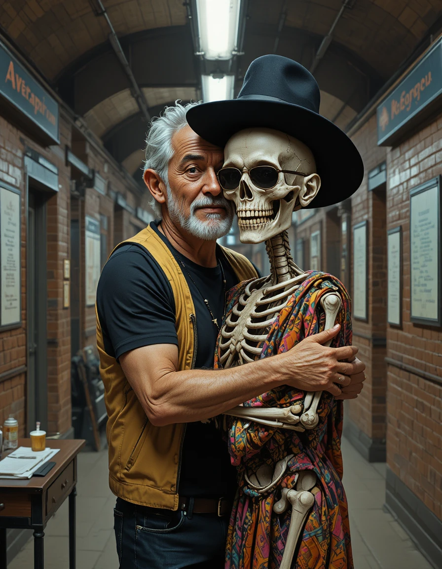 Middle aged man embracing a skeleton in a station corridor
