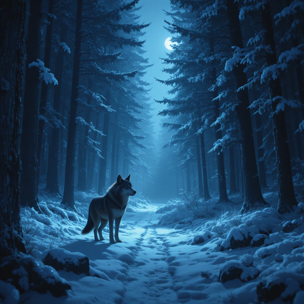 Lone wolf standing in a dark snowy forest scene