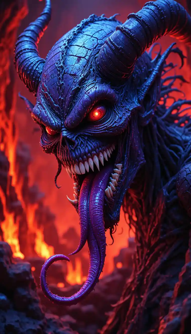 Terrifying Demon With Glowing Eyes In A Fiery Hellscape