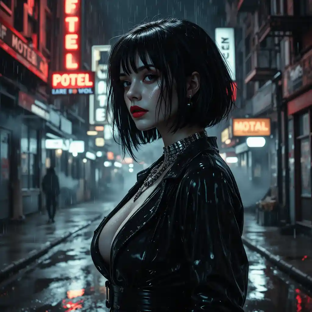 Mujer peligrosa con abrigo de látex bajo la lluvia de neón en un callejón