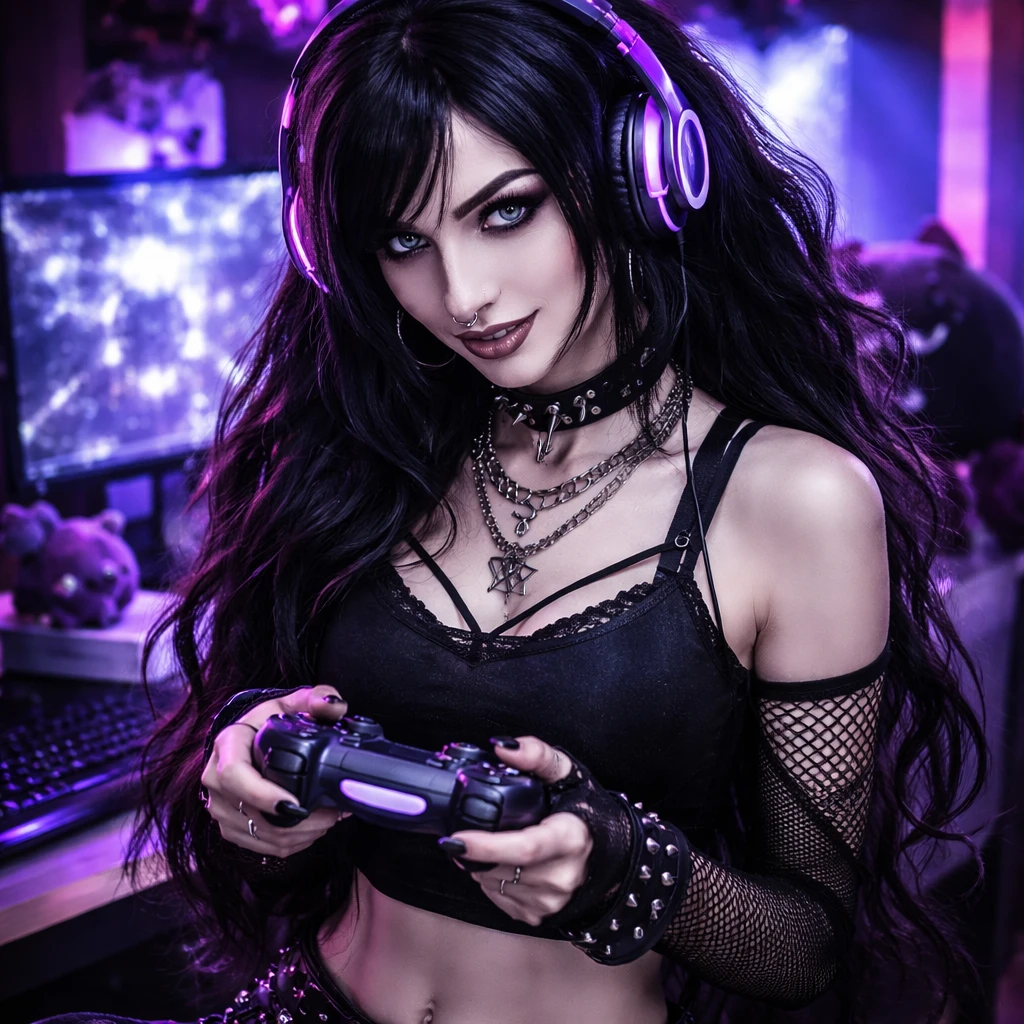 Playful goth gamer girl with cat ear headphones