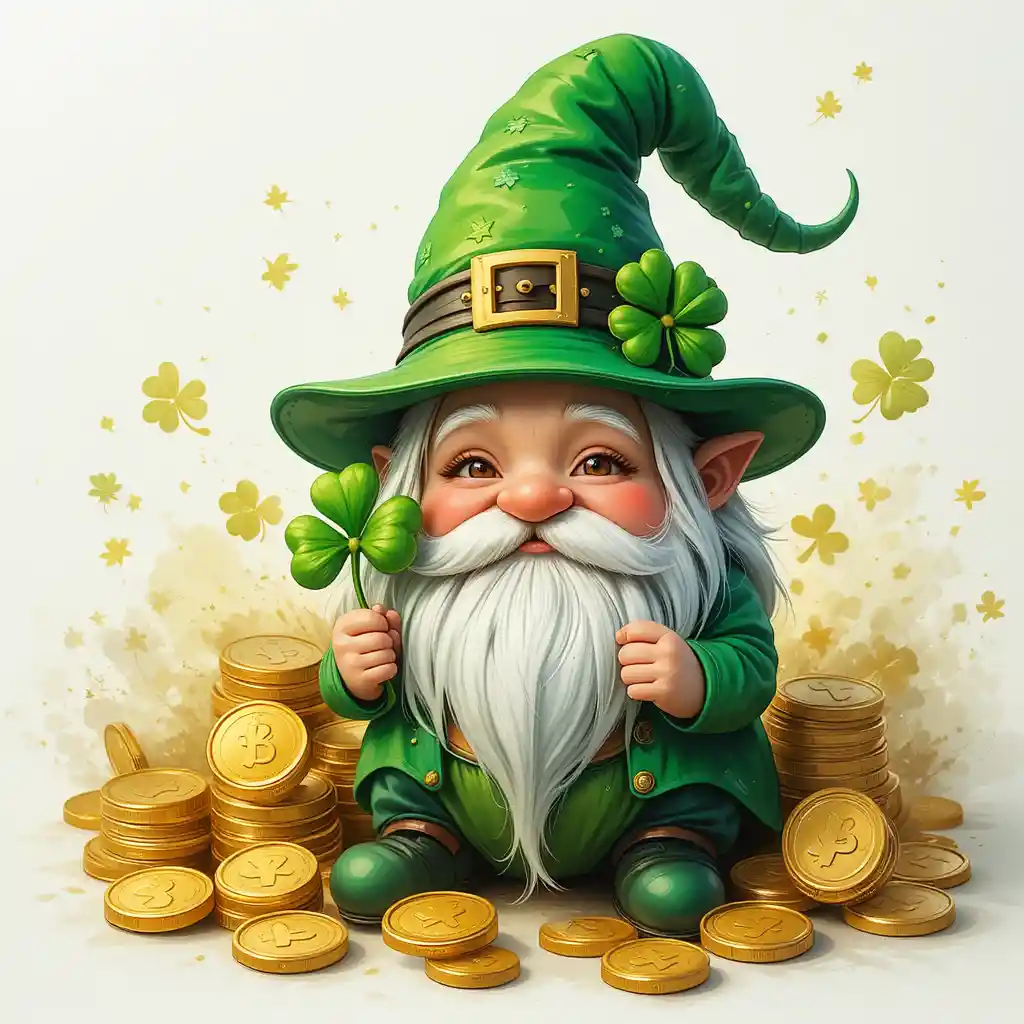Cute St Patrick gnome with shamrock and gold coins