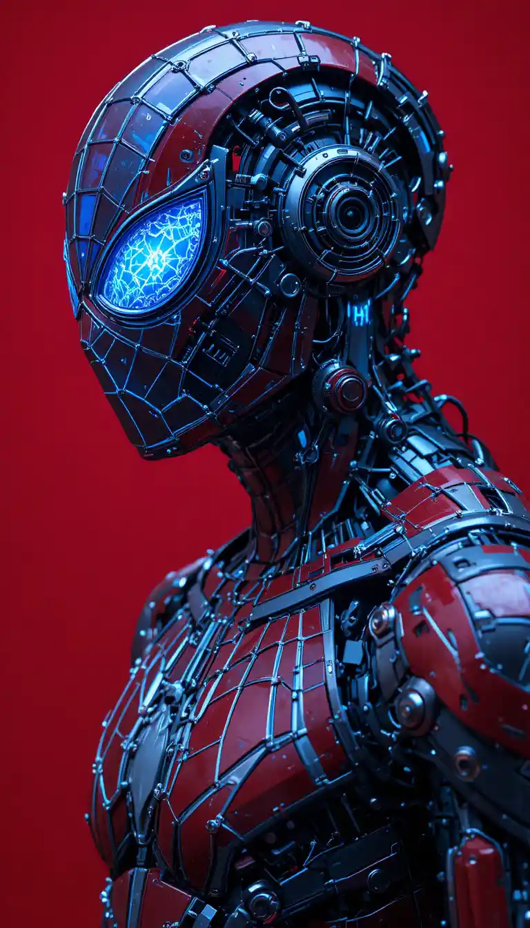 Cyberpunk mecha spider superhero portrait in side profile
