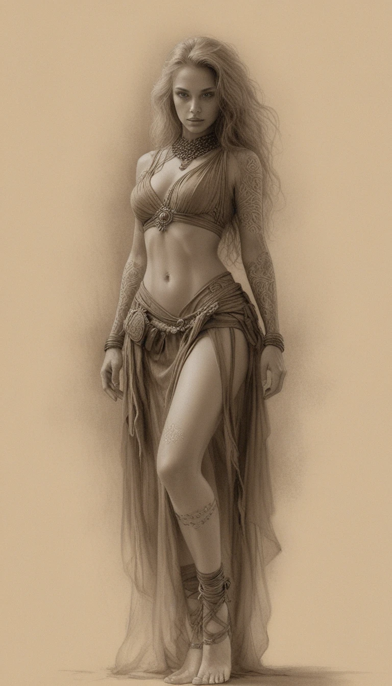 Sepia warrior woman in dramatic full body fantasy portrait