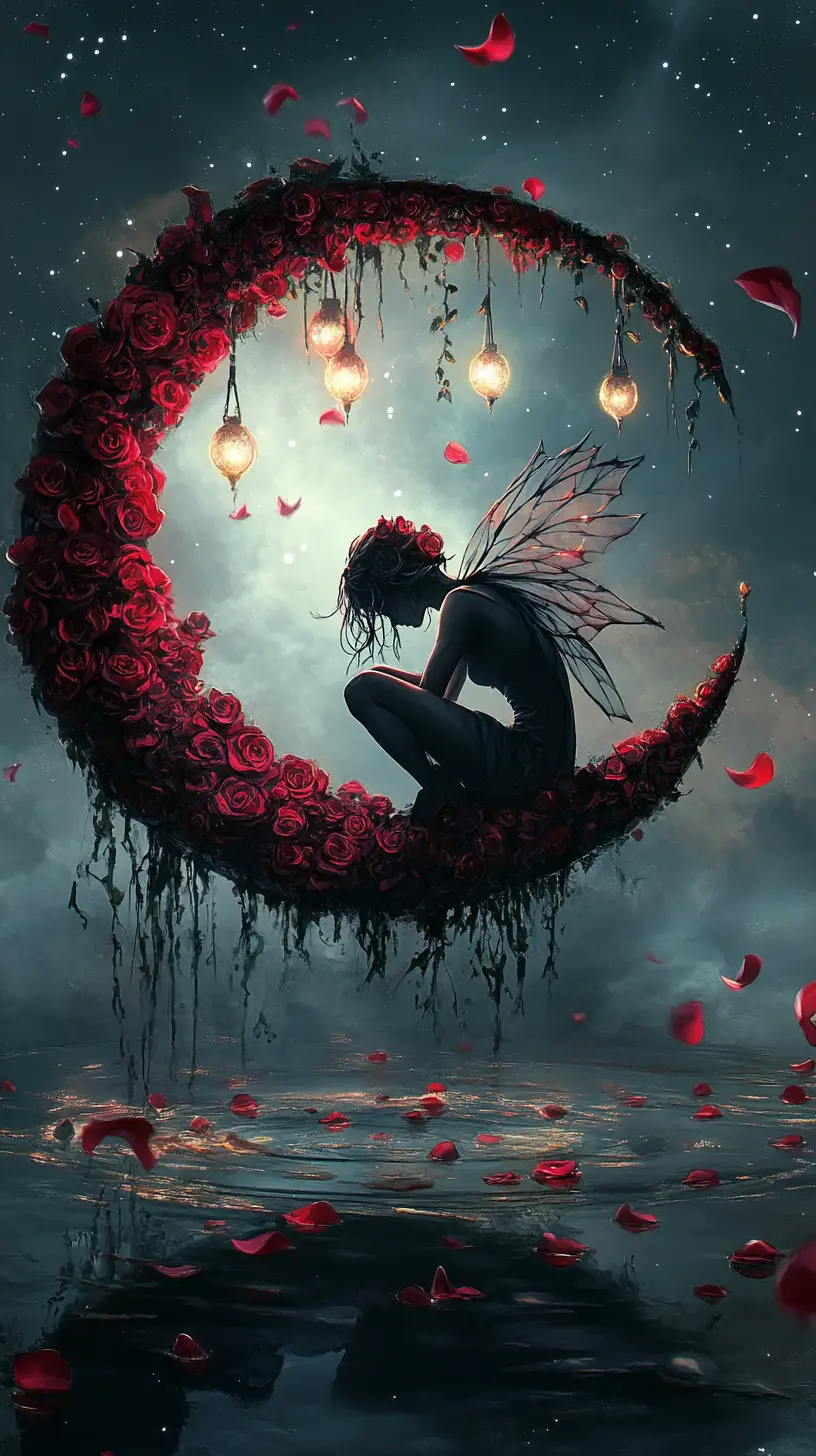 Melancholic fairy on cracked crescent moon above dark water