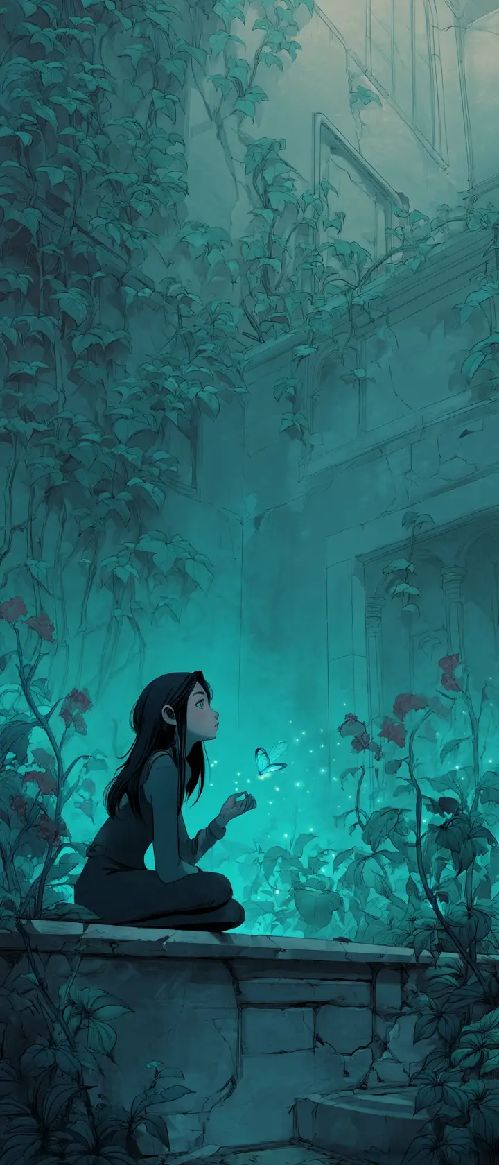 Girl Watching A Glowing Firefly In An Overgrown Garden