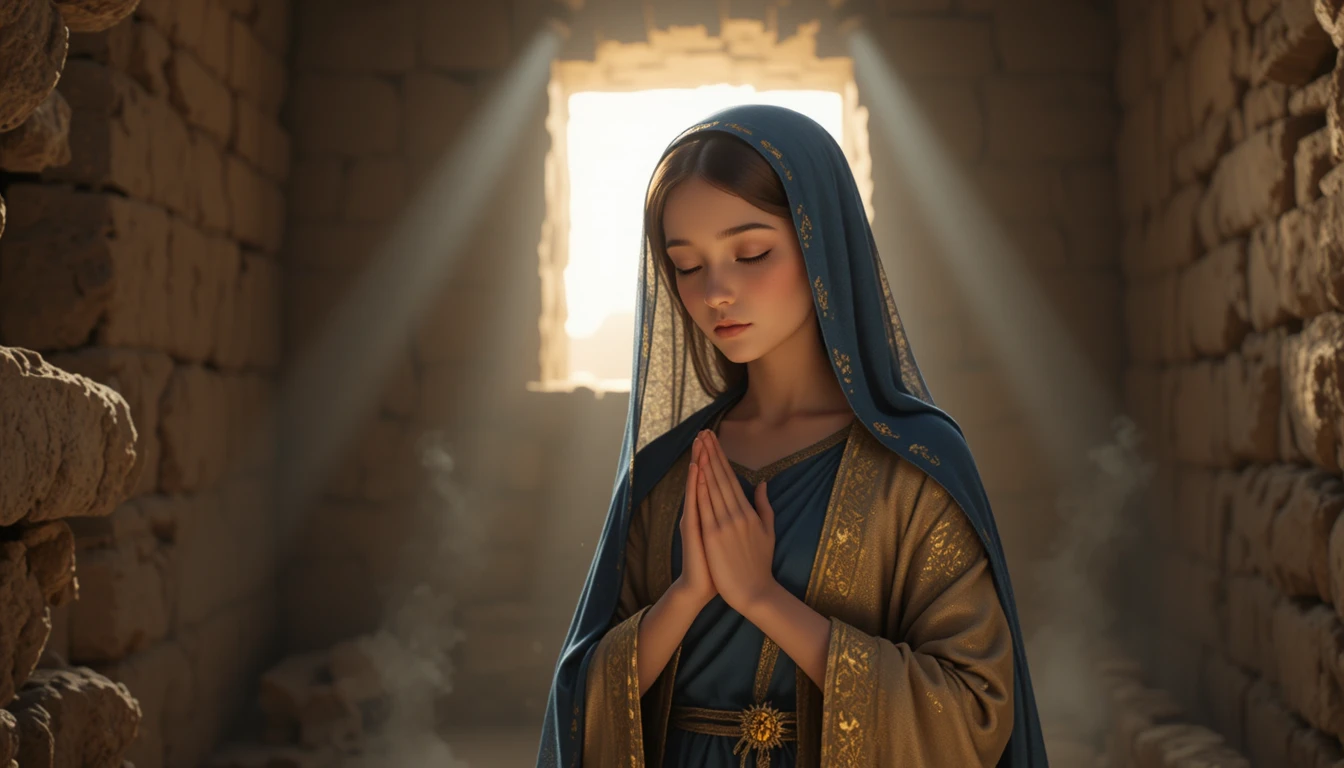 Praying woman in a humble stone room at sunrise