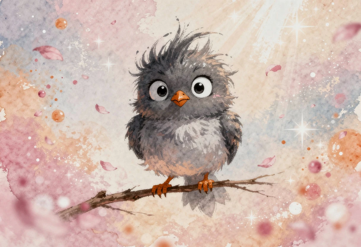 Cute fluffy cartoon bird on a branch with falling petals