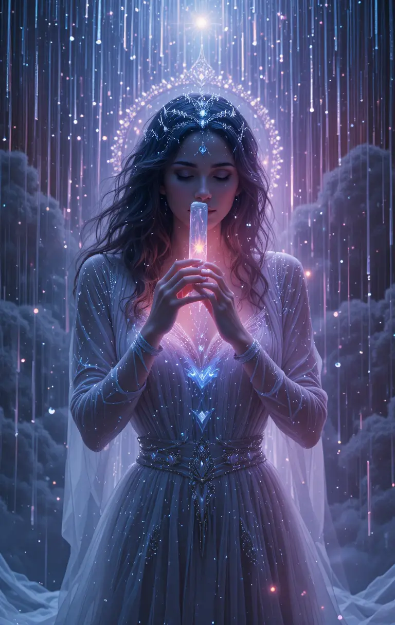 Mystical vaporwave scene with glowing crystal musical instrument