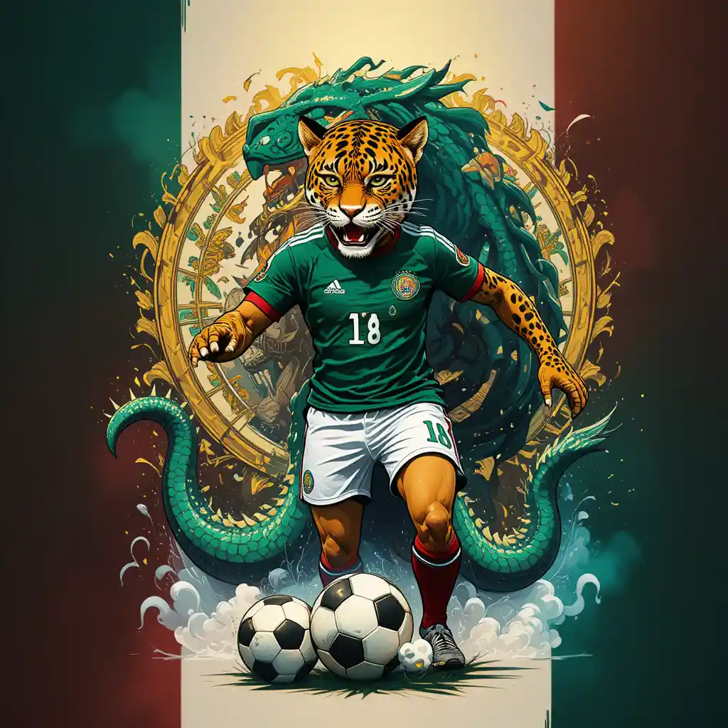 Cartoon jaguar in Mexico jersey kicking soccer ball by pyramid