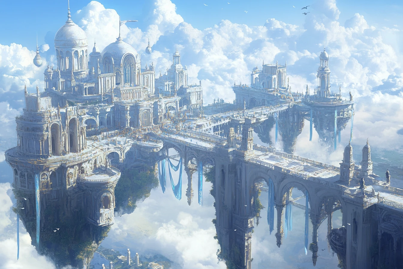 Maestosa città fantasy fluttuante di isole nel cielo