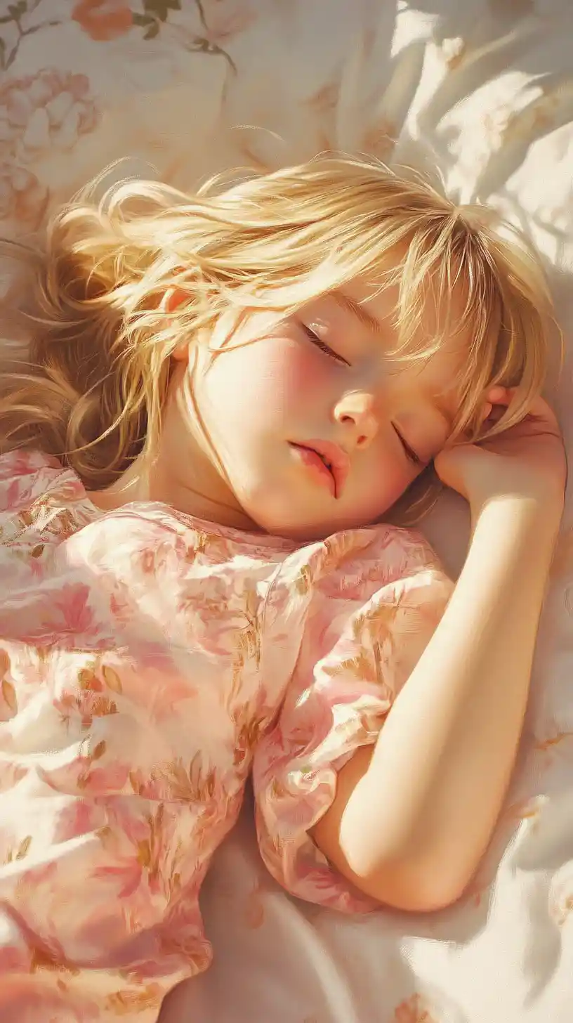 Blonde little girl sleeping peacefully in pink pajamas