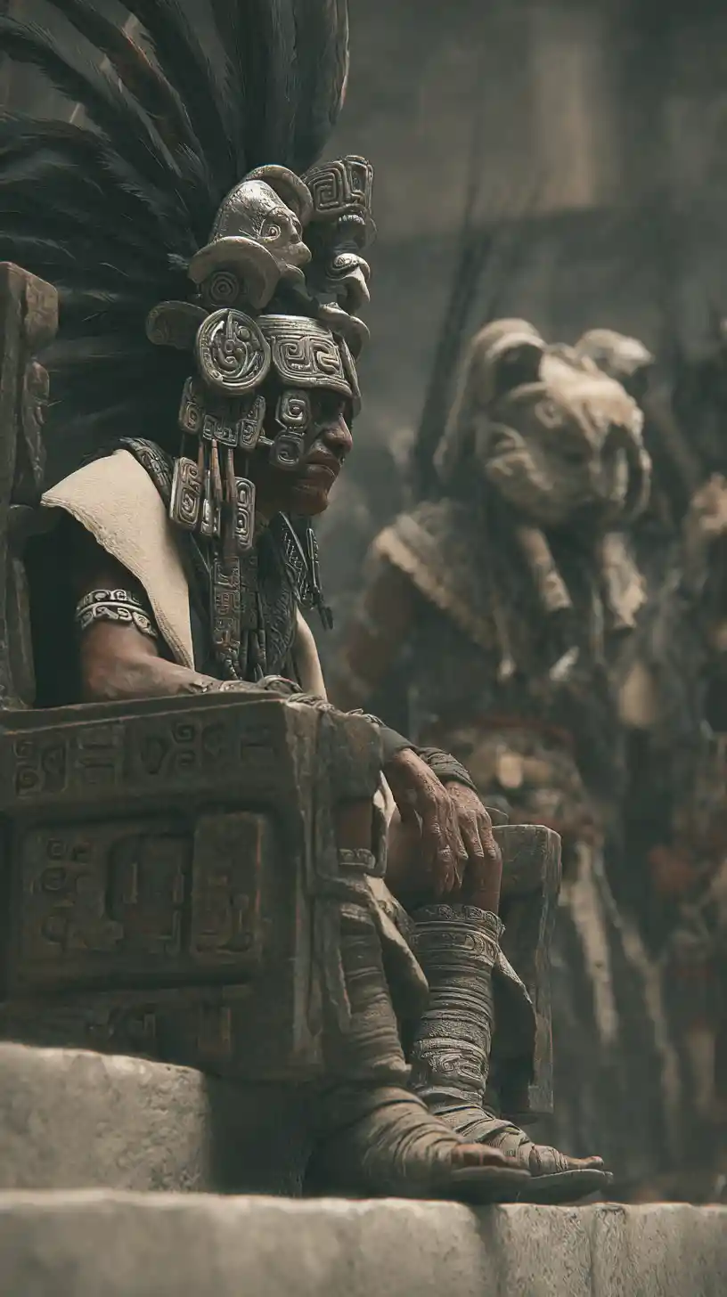 Aztec and Maya warriors gathered at a ceremonial temple