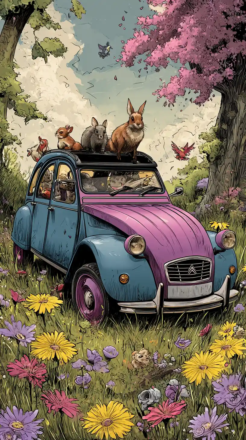 カラフルな車と幸せな動物たちがいる魔法の花畑