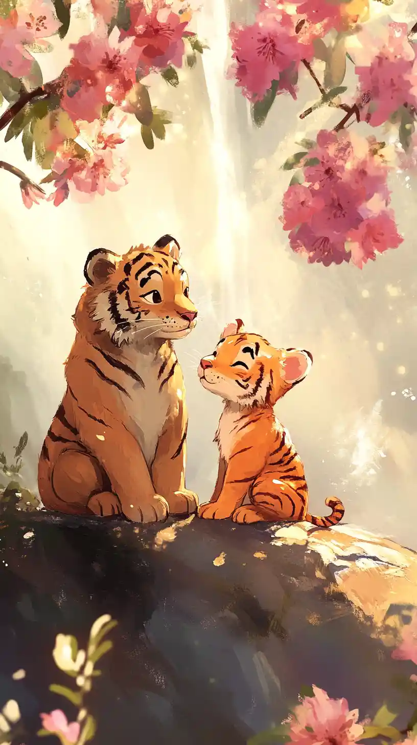 Bear and tiger cubs on a rocky rhododendron hillside