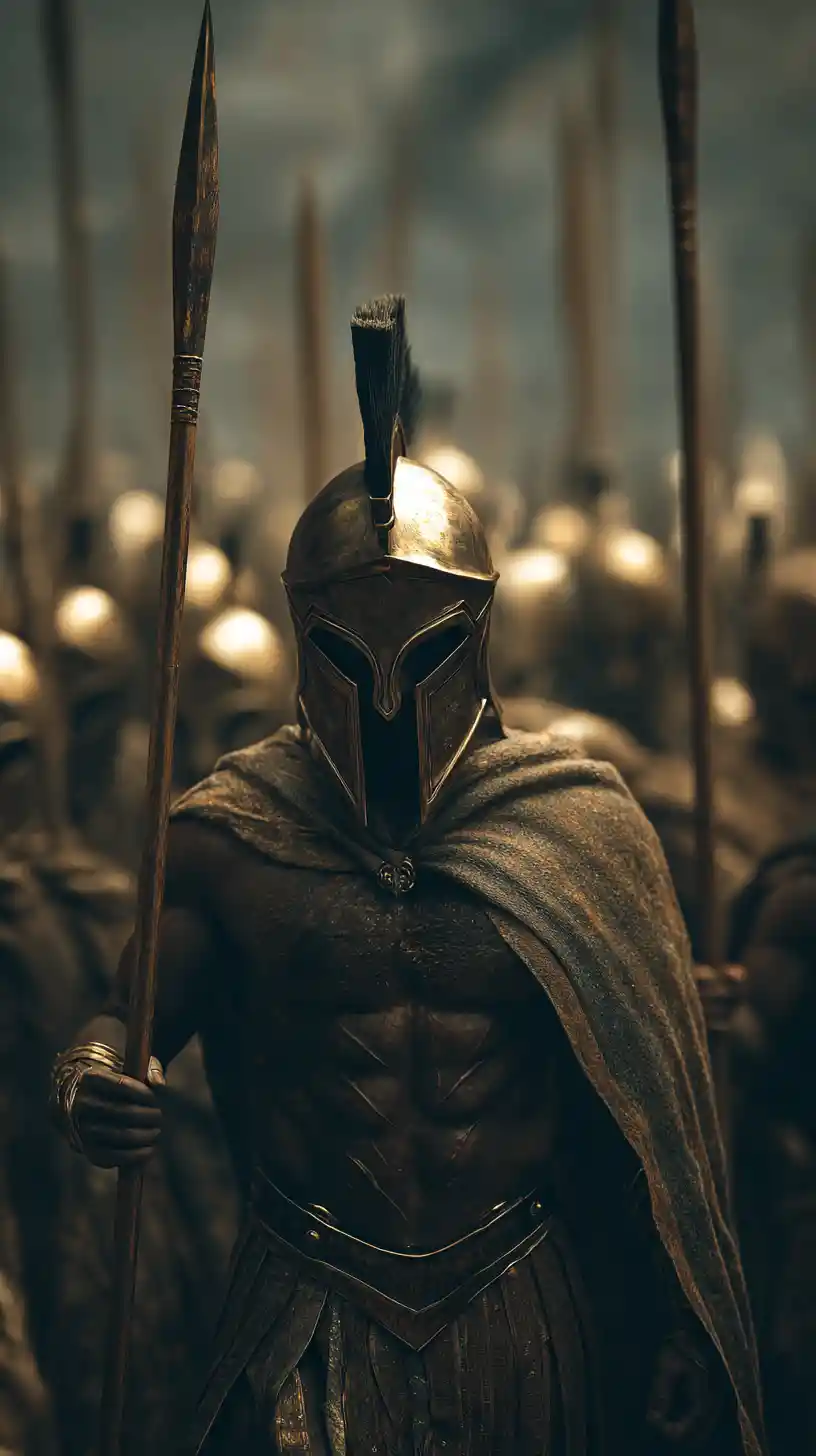 Armored warrior facing Persian soldiers on a dark battlefield
