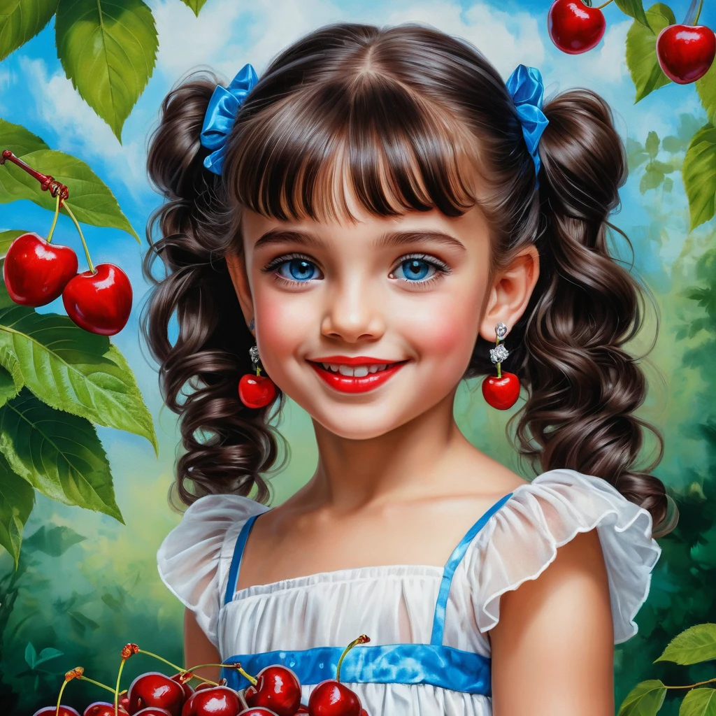 Smiling young girl with cherries in a summer scene