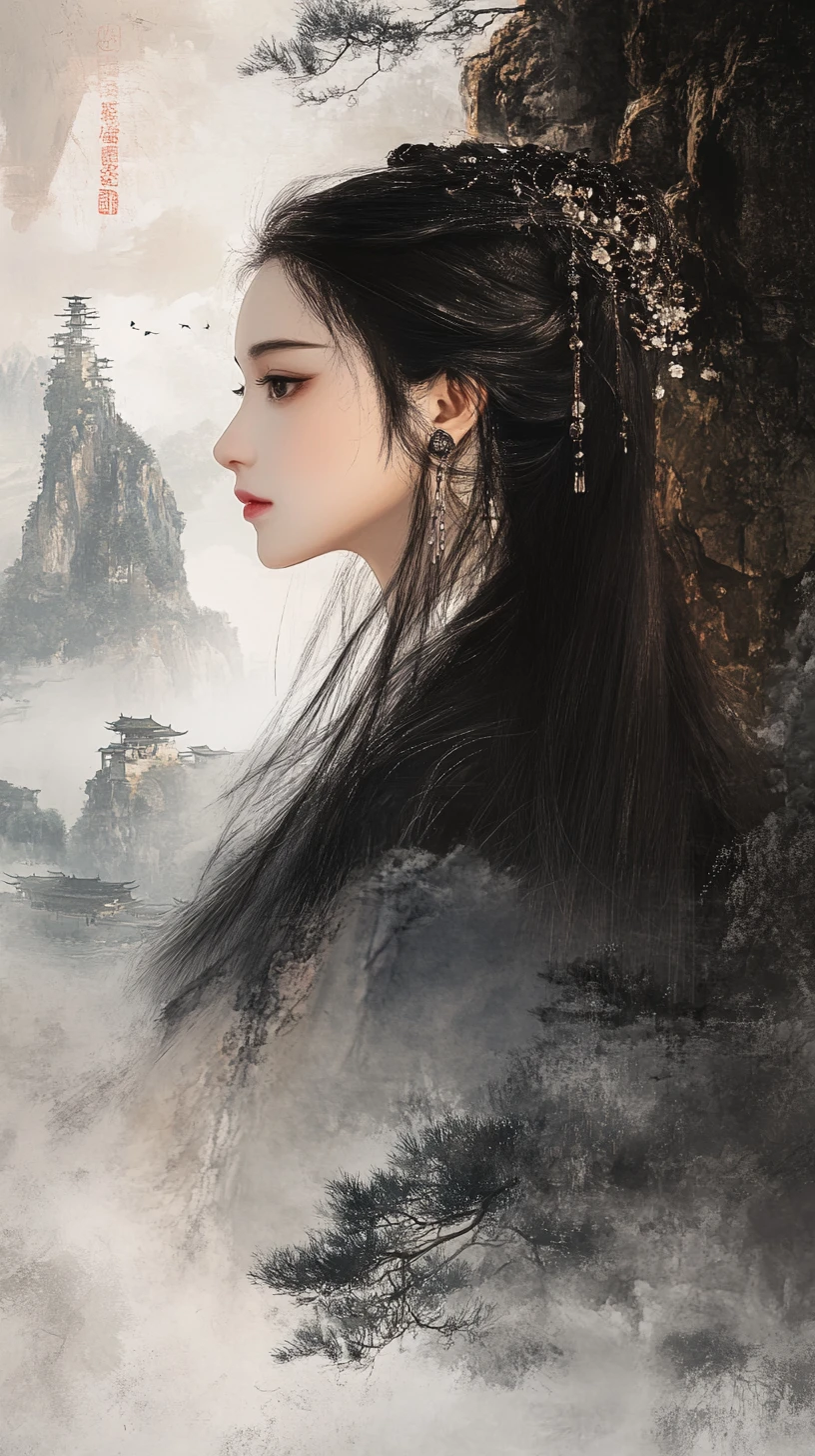 Elegant Chinese woman in profile amid misty mountain peaks