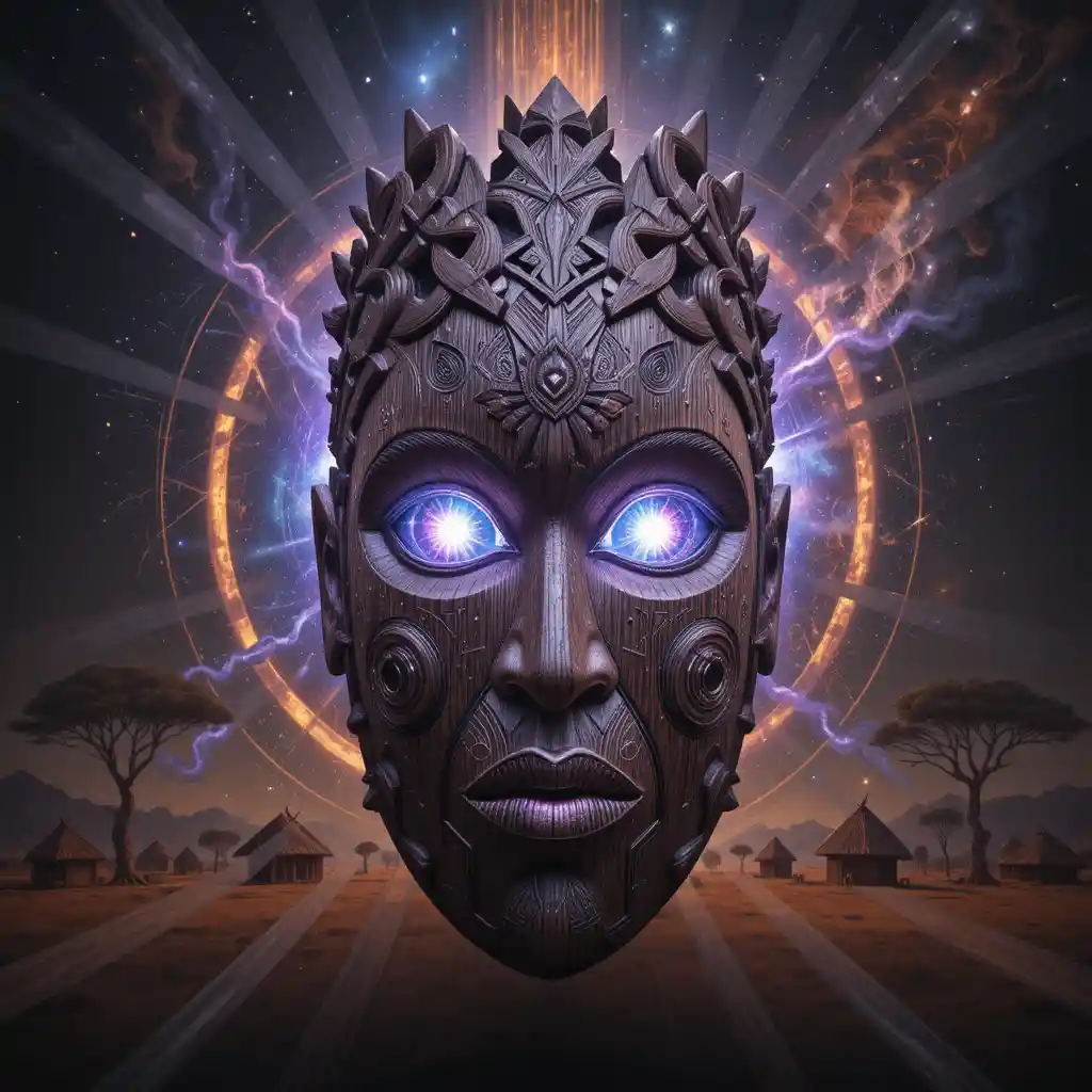 Maschera Africana in Legno Cosmica che si Apre su Galassie Infinite