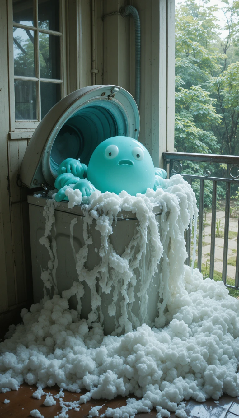 Créature Bioluminescente Explosant Depuis une Machine à Laver sur le Balcon