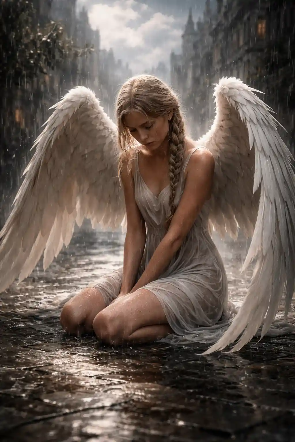 Sad angelic woman kneeling in rain with white feathered wings