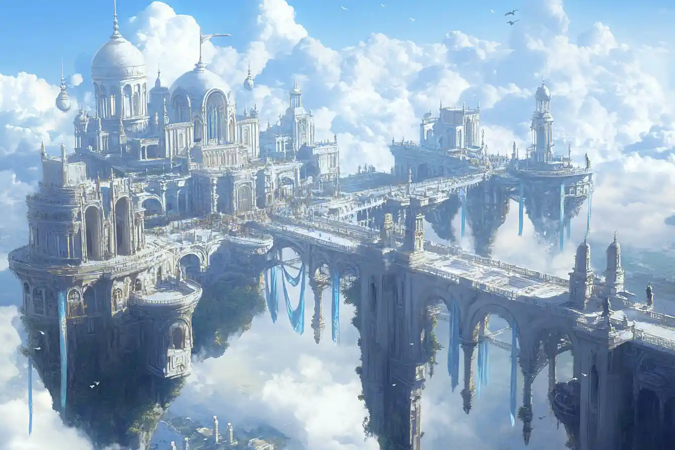 Maestosa città fantasy fluttuante di isole nel cielo