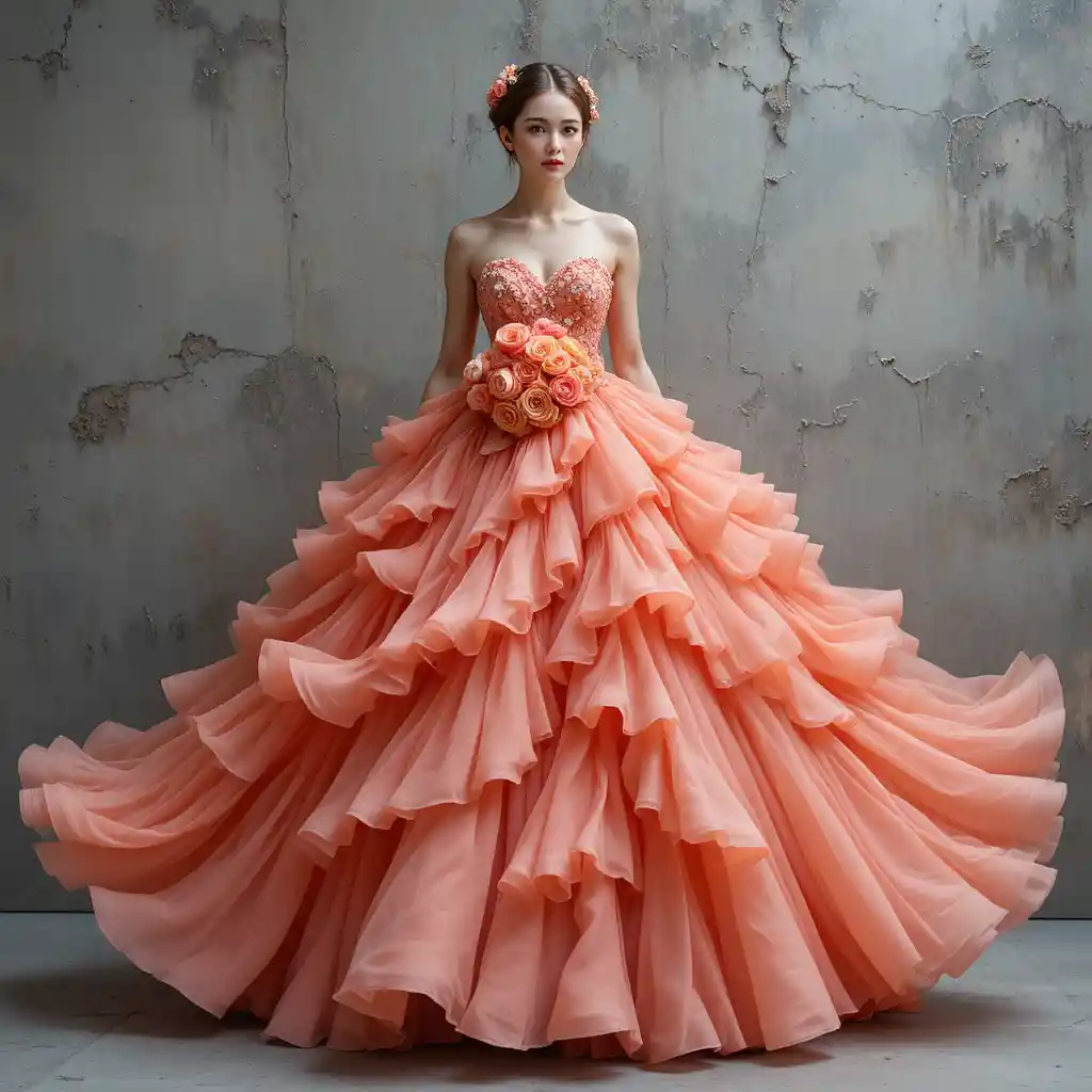 Mujer con vestido coral floral frente a pared gris texturizada