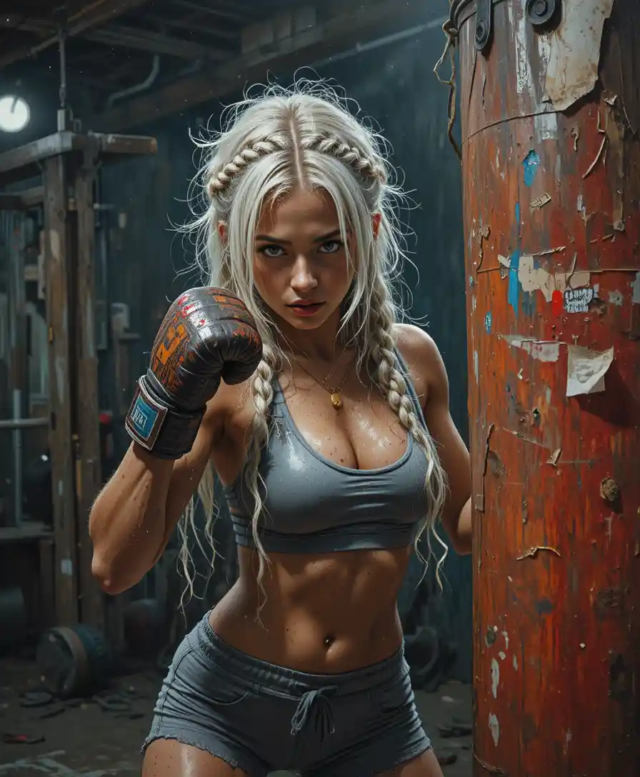 Dirty female boxer punching a worn heavy bag in gym