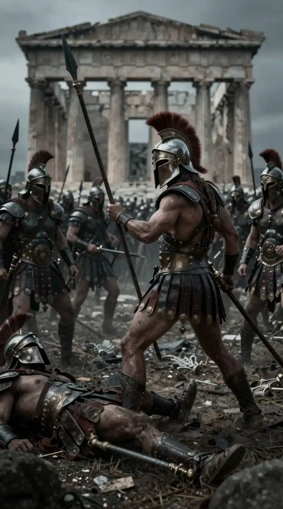 Spartan warrior battling Persian soldiers in ancient Athens
