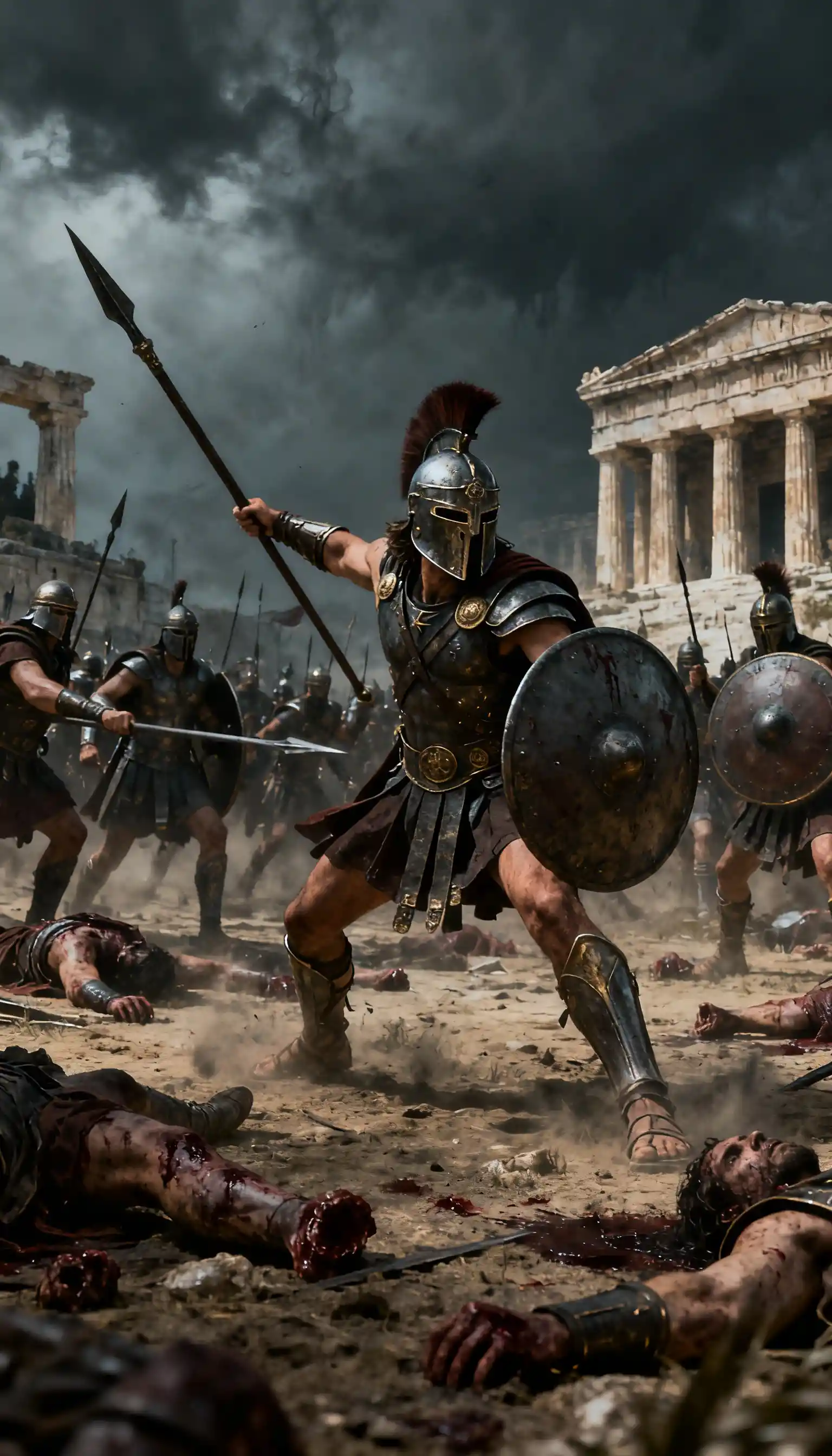 Greek warrior battling Persian soldiers in ancient Athens