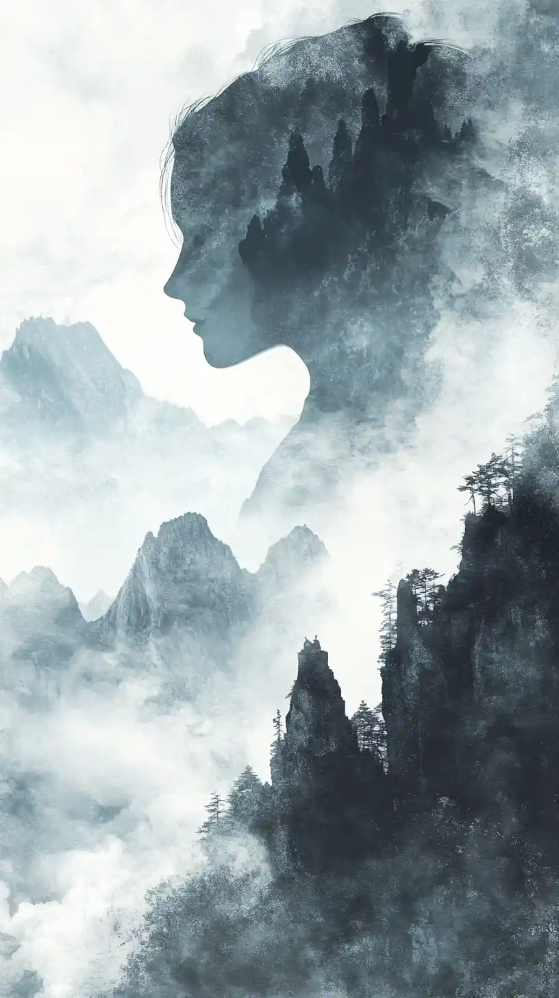 Woman profile merging with misty mountain landscape