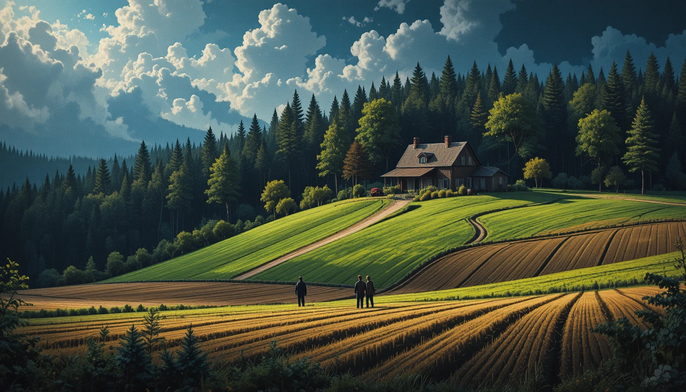 Remote farm beside dark forest with family at work