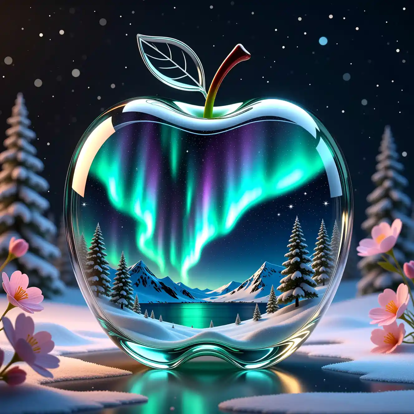Surreal Aurora Landscape Encased In A Glass Apple